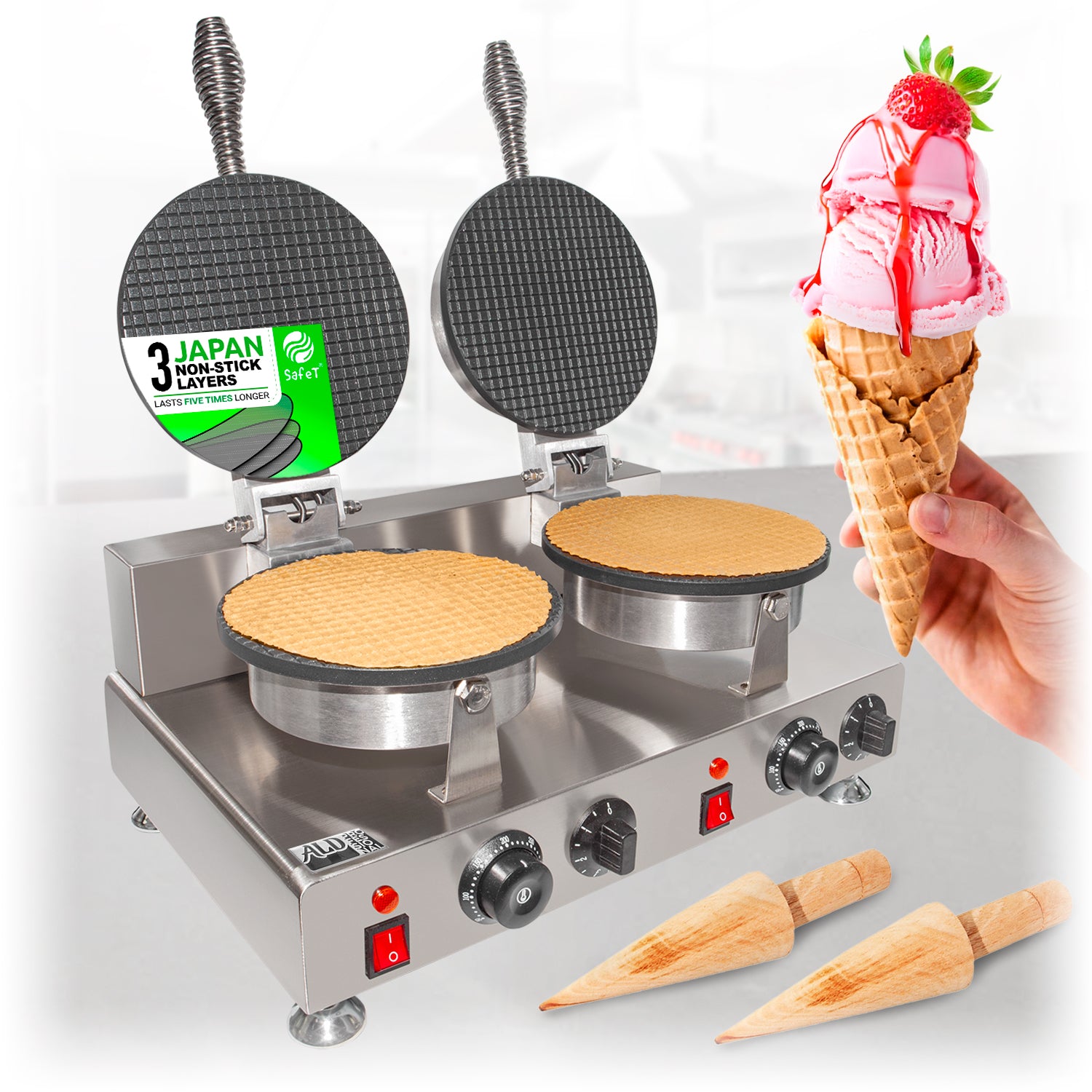 ALDKitchen Waffle Cone Maker Commercial Double Ice Cream Cone Maker Stainless Steel Nonstick Coating 2kW