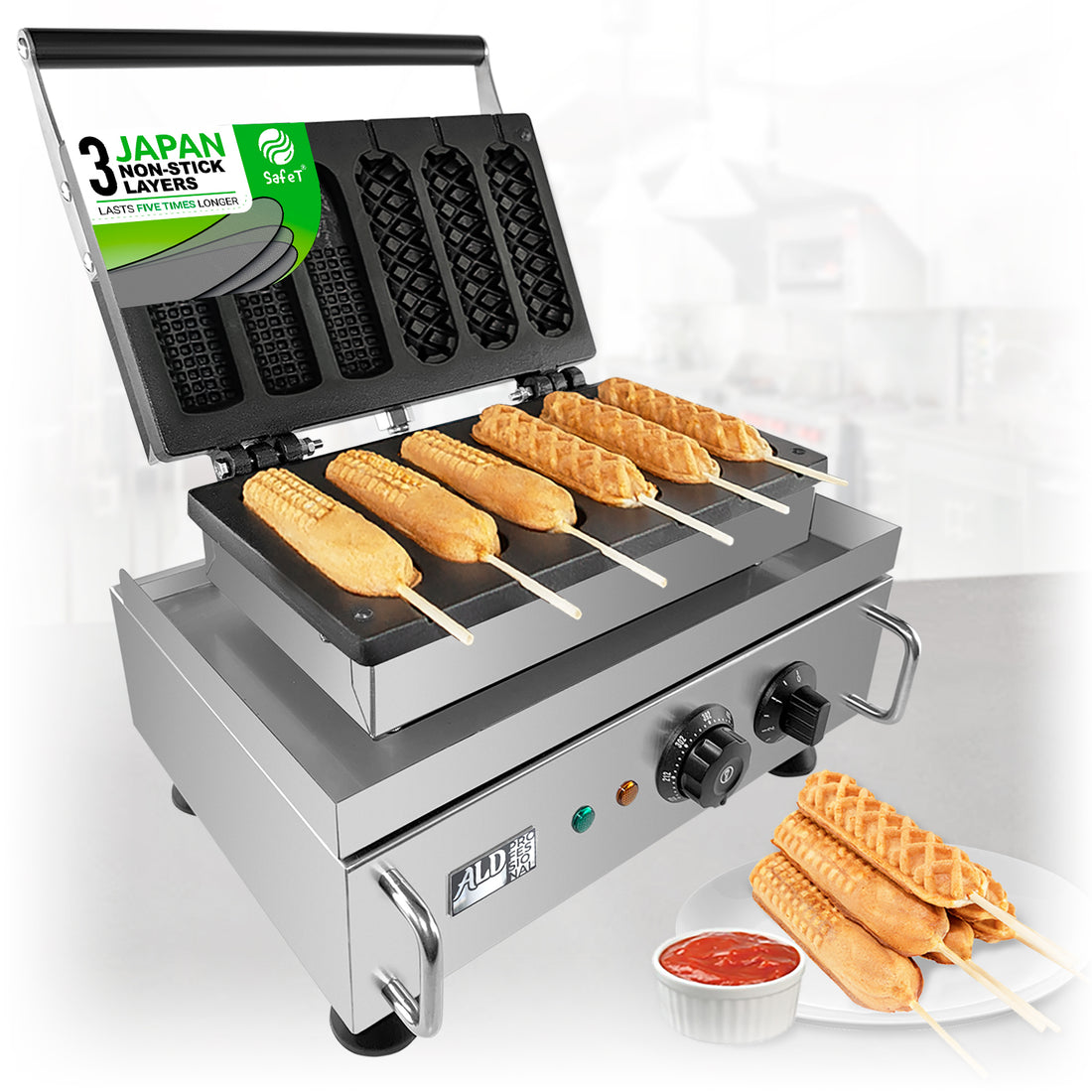 AP-528 Hot Dog & Corn Dog Waffle Maker | 3+3 Cavities | Waffle on Sticks Maker | Nonstick | 23 lb | 110V