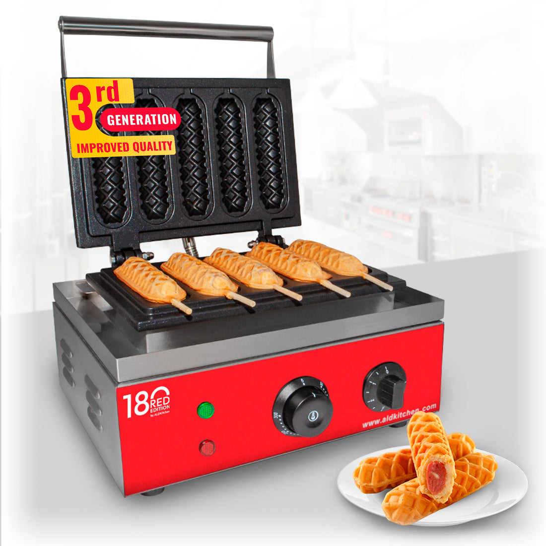 AR-EG5X Hotdog Waffle Maker | Corn Dog Waffle Iron | Stainless Steel | 5 Waffles on a Stick | 110V