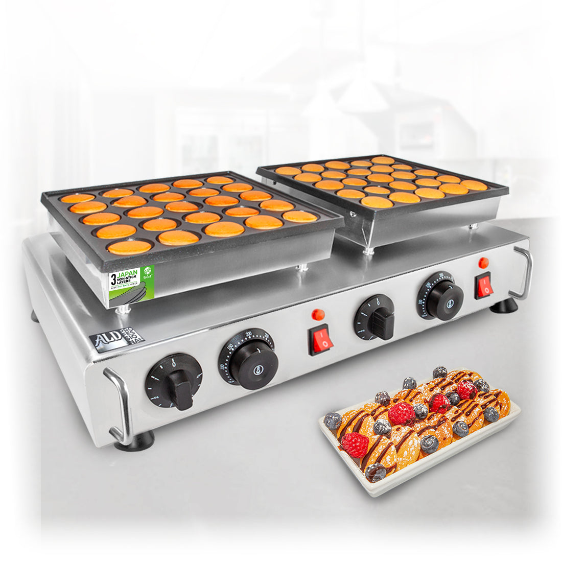 AP-543 Mini Dutch Pancake Maker | Poffertjes Iron | 50 Mini Pancakes | Nonstick Double Pan